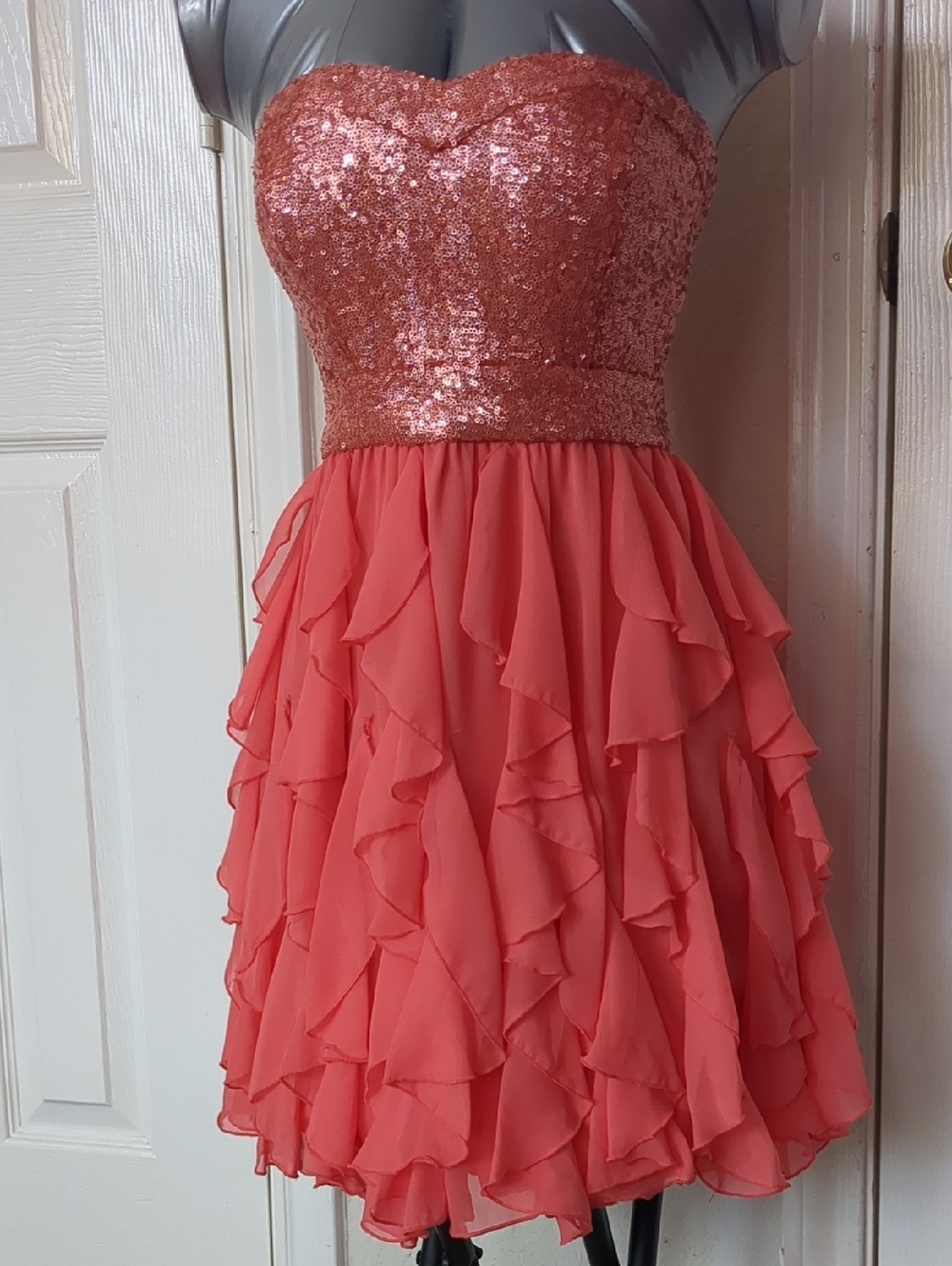 Windsor Coral Pink Strapless Sequin Bodice-Shifon Ruffle-Tiers Skirt/Mini Dress